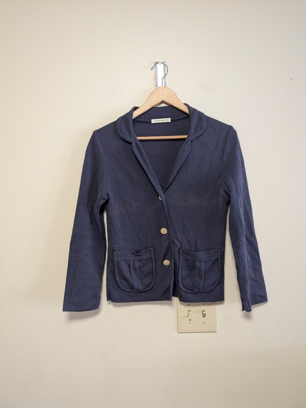 La Marine Française Navy Knit Blazer Cardigan Pleated Pockets French Style M